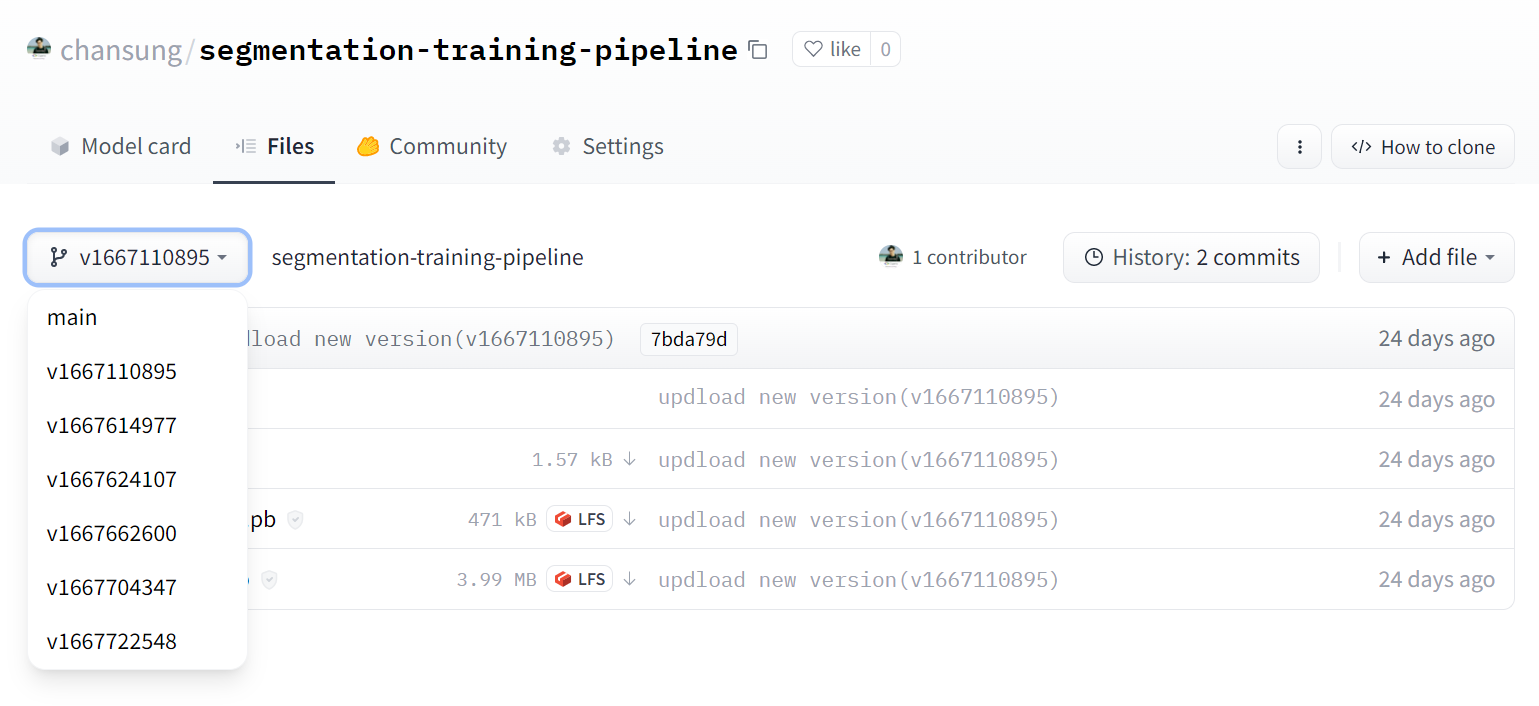 Screenshot showing model versioning in Hugging Face Model Hub