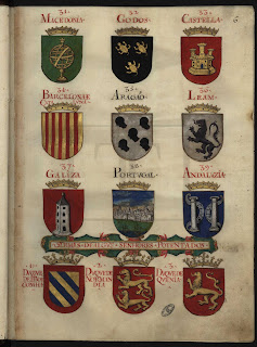 Fólio 6 – 31. Macedônia; 32. Godos; 33. Castela; 34. Barcelona e Catalunha; 35. Aragão; 36. Leão; 37. Galiza; 38. Portugal; 39. Andaluzia. Armas de alguns senhores potentados. 1. Duque de Borgonha; 2. Duque de Normandia; 3. Duque de Quênia.