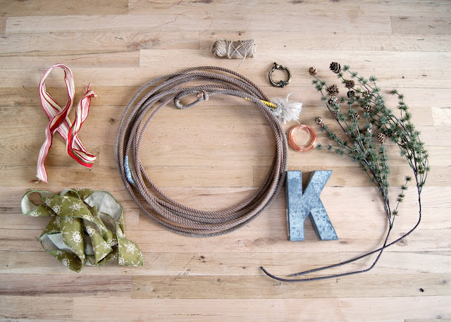 How to Make A Simple Winter Rope Wreath - rope, metal letter, pinecones