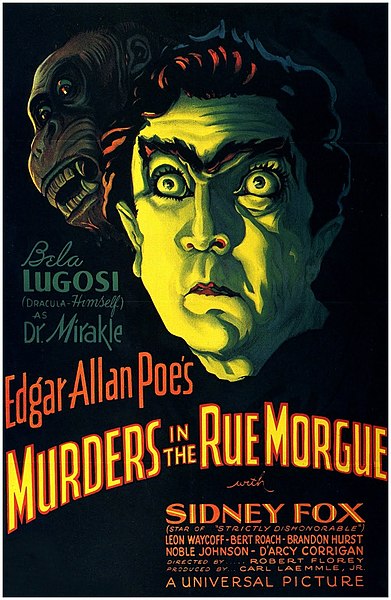 Theatrical movie release poster for 1932's "Murders in the Rue Morgue" with an illustration of Bela Lugosi and a gorilla.