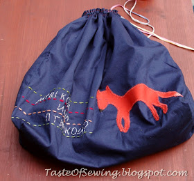 мешок из ткани, для рукоделия, аппликация лиса, синий, fabric bag for knitting projects with a fox