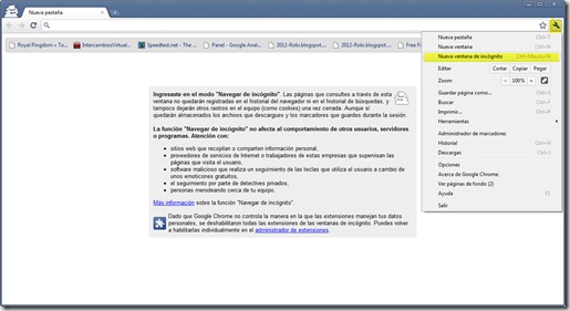 Megavideo -Chrome modo incognito