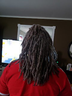 photo of gray shoulder length locs from the back