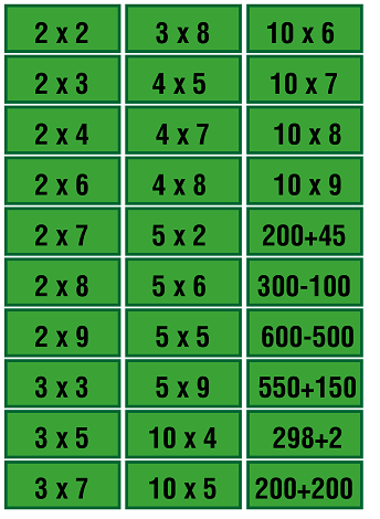 tarjetas de bingo con operaciones