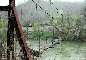 falling down suspension bridge, rusted, river, west virginia, kentucky