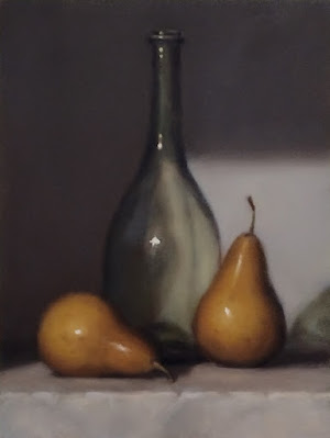 Still life oil painting of two pears and a bottle