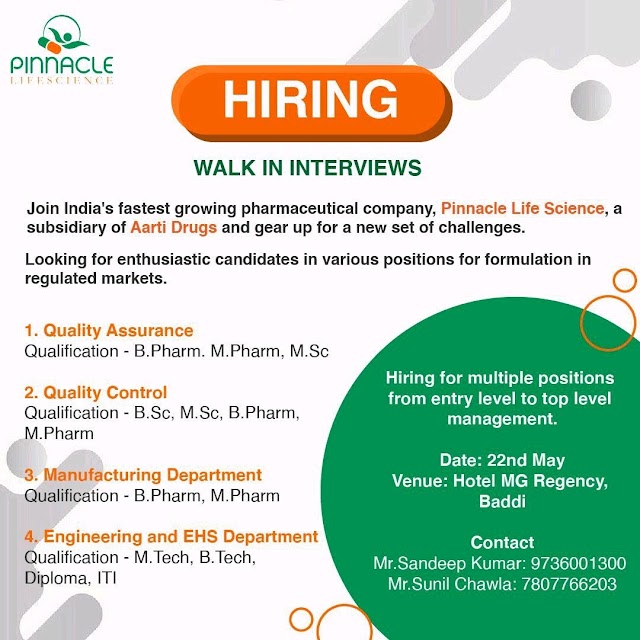 Pinnacle life science (Aarti Industries) | Walk-in interview for freshers and Expd at Baddi on 22nd May 2022