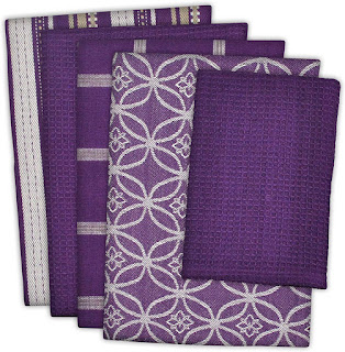 DII Cotton Oversized Kitchen Dish Towels 18 x 28" and Dishcloth 13 x 13", Set of 5 , Absorbent Washing Drying Dishtowels for Everyday Cooking and Baking-Eggplant