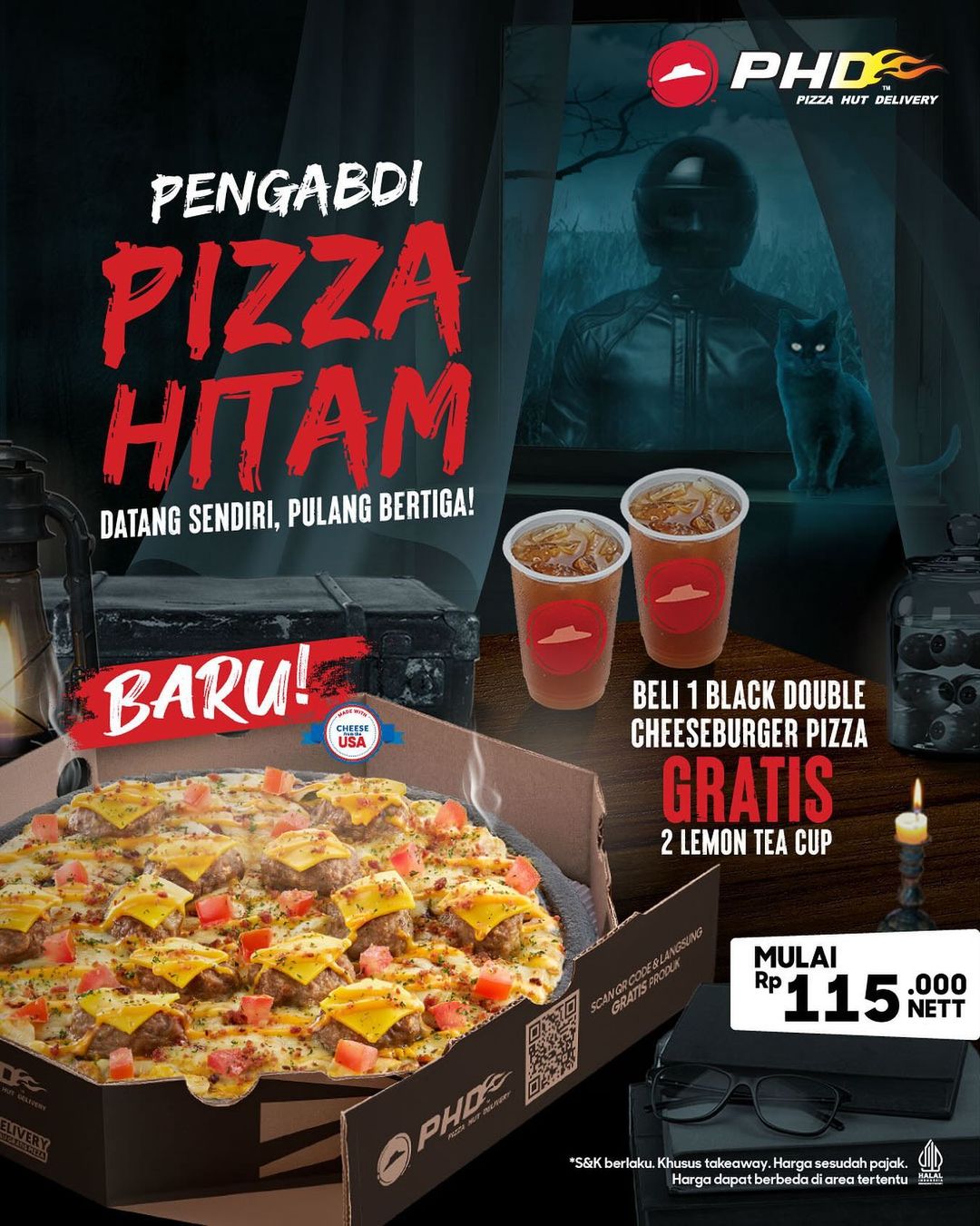 BARU! Promo PHD Pizza Hitam - Beli 1 Black Double Cheeseburger Pizza Gratis 2 Lemon Tea