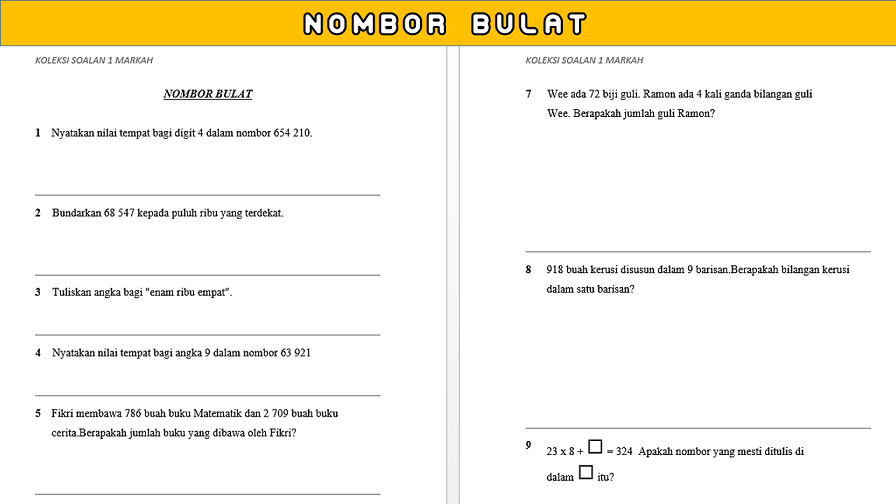 (SHARE) --- LATIH TUBI SOALAN MATEMATIK 1 MARKAH UPSR