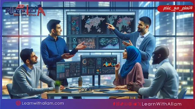 فريق متنوع يعمل على مشروع تعلم آلة في مكتب حديث