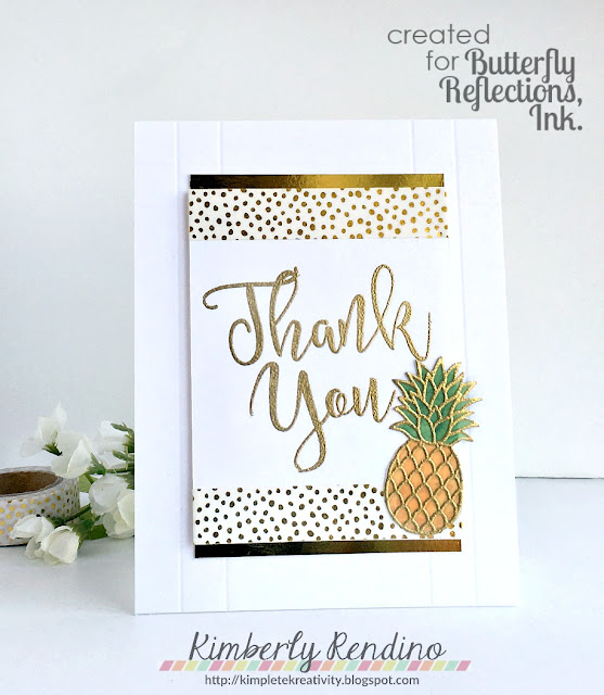 thank you card | handmade card | pineapple | pineapples | vellum | script lettering | gold | embossing | concord & 9th | sunny studio stamps | butterfly reflections, ink | kimpletekreativity.blogspot.com | washi tape