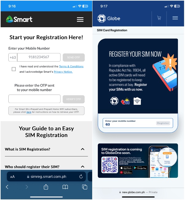 Smart and Globe SIM registration portal