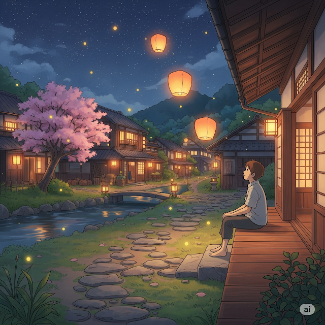 Peaceful village night with lanterns and fireflies glowing.