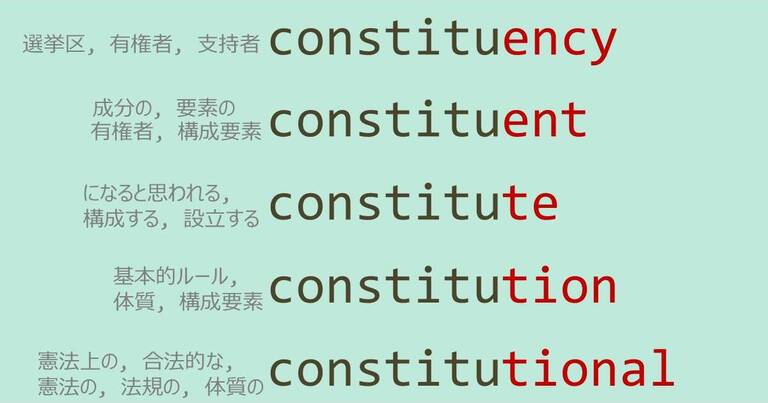 constituent, constituency, constitute, constitution, constitutional, スペルが似ている英単語