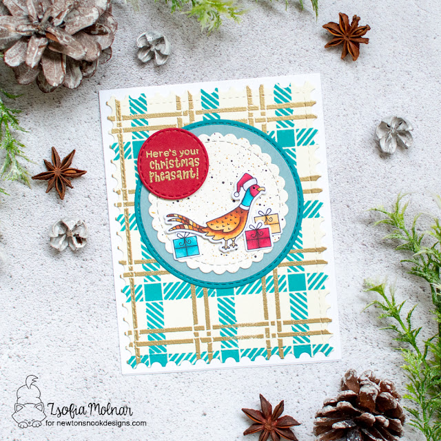 Pheasant Christmas Card by Zsofia Molnar | Christmas Pheasant Stamp Set, Plaid Stencil Set Framework Die Set and Circle Frames Die Set by Newton's Nook Designs