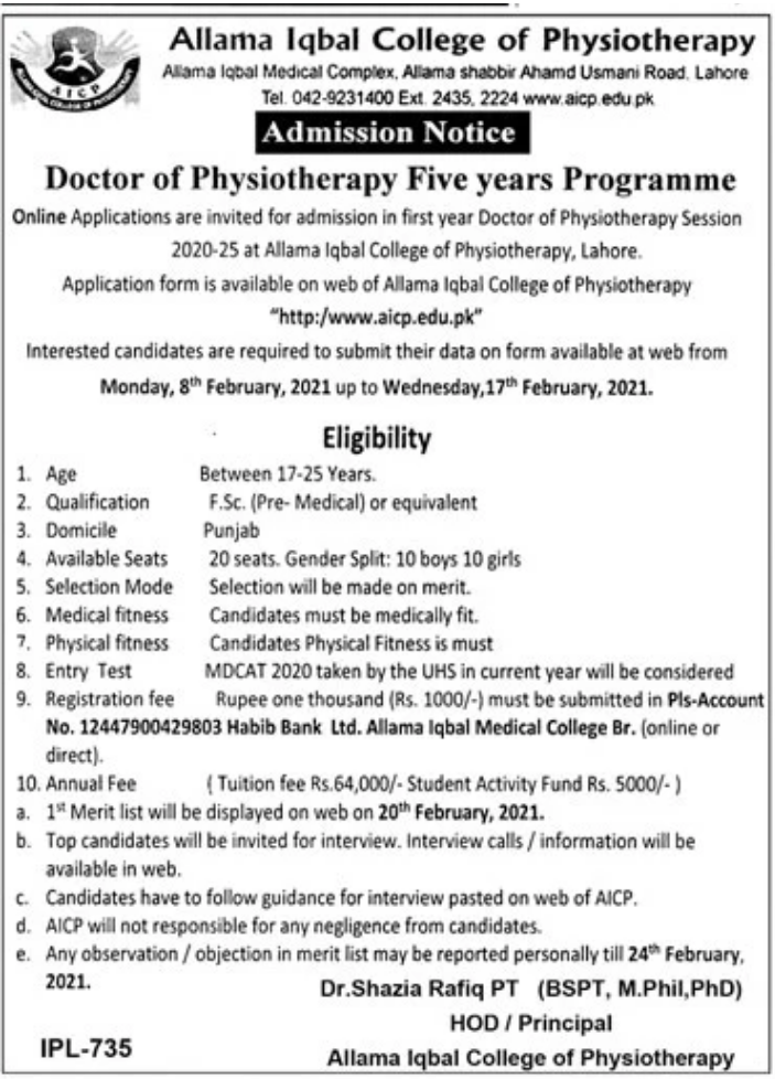 aicp, dpt, LAHORE, Admission, doctor of Physical Therapy, FSC, Medical, Allied Health Professionals, Medical Sciences,