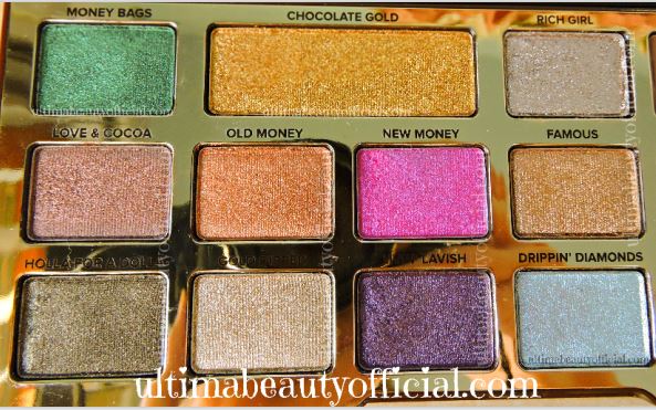 Close up of the first 11 shades of eyeshadow in Too Faced Chocolate Gold Palette