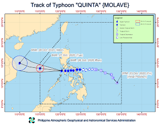 Typhoon Quinta will continue to hit the western part of the country until this Monday afternoon.  According to the latest bulletin of PAGASA (Philippine Atmospheric, Geophysical and Astronomical Services Administration), the typhoon center was last seen 125 kilometers west of Coron, Palawan, or 120 kilometers in the part of Calapan City, Oriental Mindoro.  It has winds of 125 kilometers but an hour (kph) near the center, and gusts of up to 150 kph.  PAGASA estimates that the typhoon will leave the western boundary of the Philippine Area of ​​Responsibility (PAR) tomorrow morning but is expected to intensify in the next 24 to 48 hours.