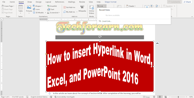 How to insert Hyperlink in Word, Excel, and PowerPoint 2016 Techforearn