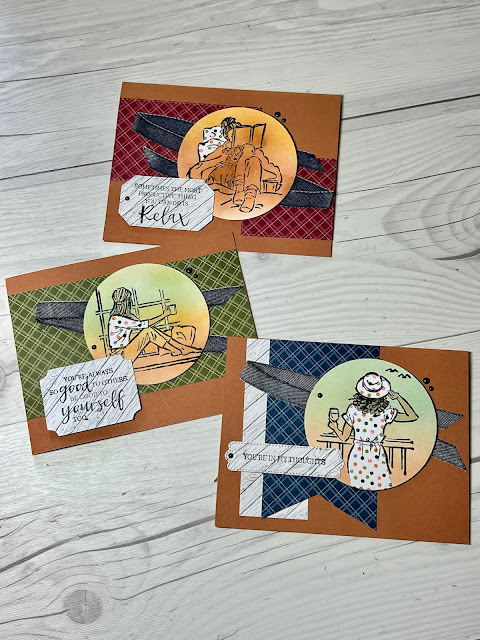 Three handmade greeting cards showing women relating or in thought using In the Moment Stamp Set from Stmapin' Up!