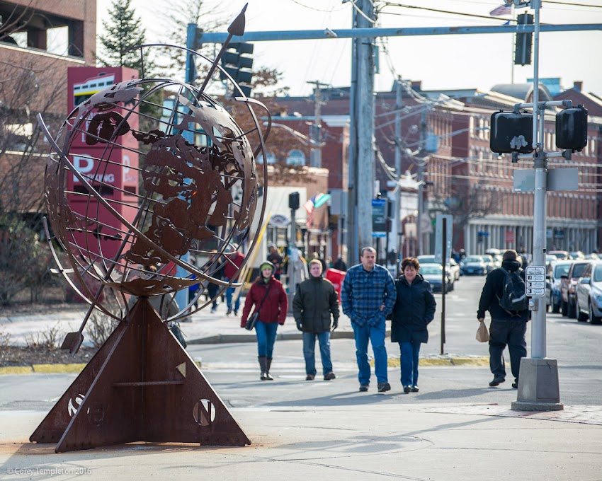 Portland, Maine USA March 2016 Photo by Corey Templeton in the Old Port of Commercial Street and Untitled-Armillary," a sculpture made by Maine metal sculptor Patrick Plourde.