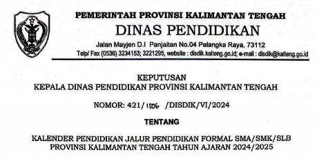 Kalender Pendidikan Provinsi Kalimantan Tengah Tahun Pelajaran TP 2024/2025