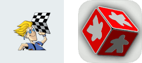 The logos for both the Android and the iOS versions of the Board Game Geek apps. The Android version shows Ernie, the mascot of Board Game Geek, an cartoon man with blonde hair and glasses holding up a chess board. The iOS app shows a red die with grey meeples on each side.