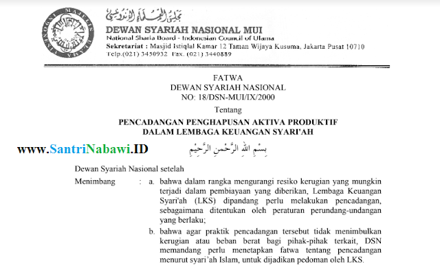 Fatwa DSN MUI No. 18 tentang Pencadangan Penghapusan Aktiva Produktif Dalam Lembaga Keuangan Syariah