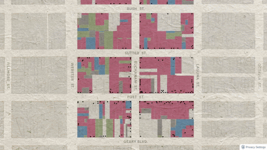 animated gif showing where houses owned by Japanes Americans in Japantown before & after internment