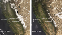 A comparison with 2010 levels shows a Sierra Nevada snowpack at a record low in 2015.  (Credit: NASA/MODIS) Click to Enlarge.