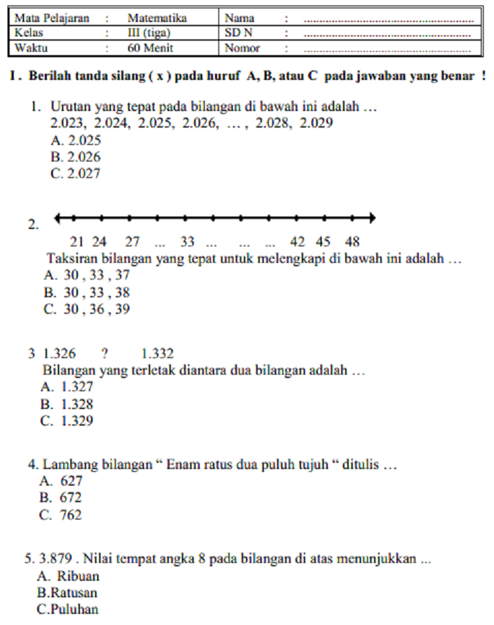 Latihan Soal PAS Matematika Kelas 3 SD MI Semester 1