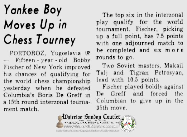 Yankee Boy, Bobby Fischer, Moves Up in Chess Tourney