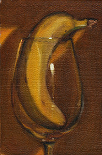 Oil painting of a banana upright in a wine glass.