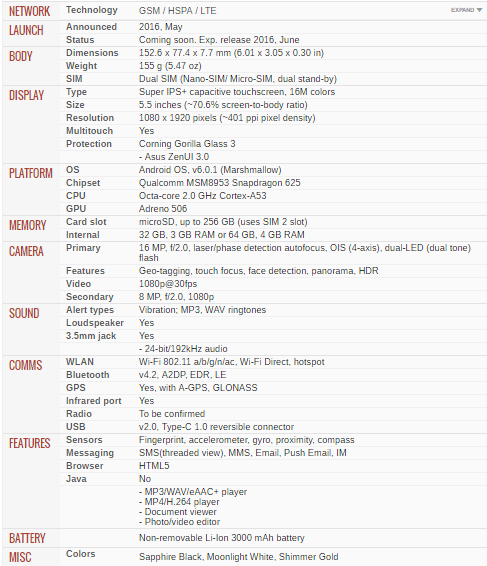 Spesifikasi Terperinci Asus Zenfone 3