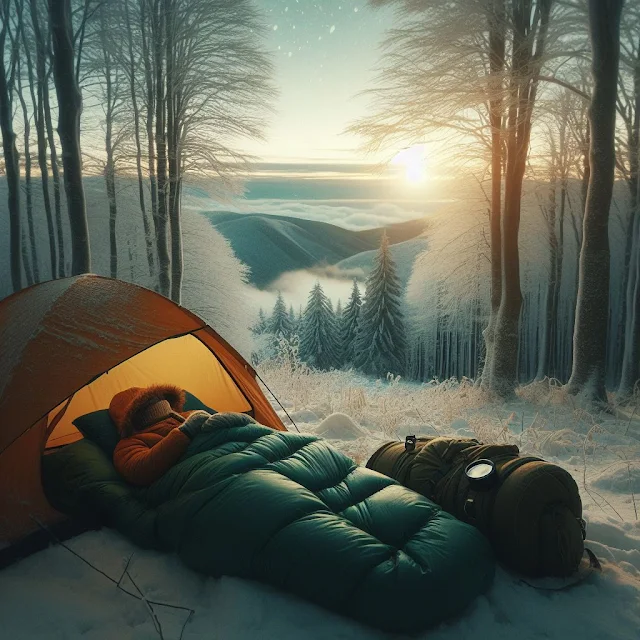 Winter Camping Scene with Tent and Sleeping Bag