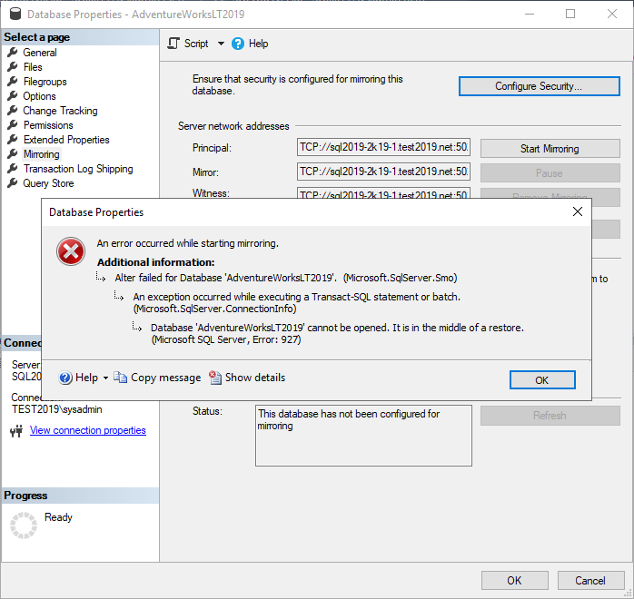 Database cannot be opened. It is in the middle of a restore. (Microsoft SQL Server, Error: 927)