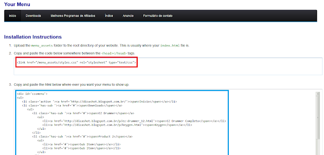 Instalando um menu CSS no blogger