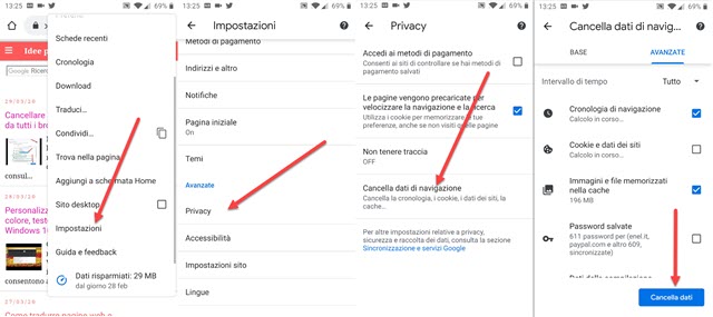 come cancellare i dati di navigazione su Chrome per il mobile