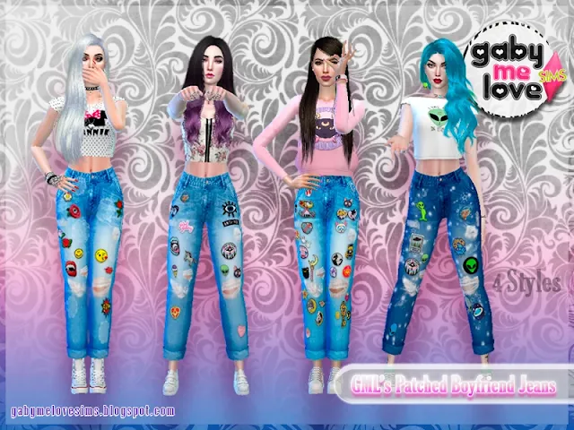 Gabymelove Sims | Sims 4 CC | Clothing: GML’s Patched Boyfriend (Mom) Jeans for women | Download, Custom Content, Contenido, personalizado, mod, gaby, love, parches, novio, mom jean, mamá, corte, alto, high, waist, mujer, dama, rotos, ripped, denim, mezclilla, pants, pantalón, pantalones, emojis, ovnis, aliens, sailor, moon, kiss, roses, fix, 2022, 2023