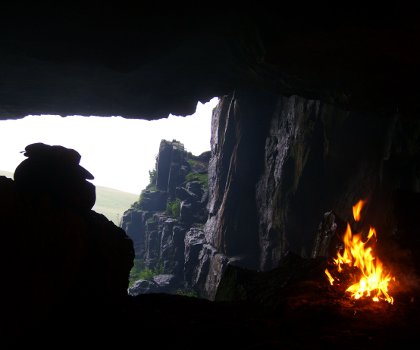 setting up camp in a cave