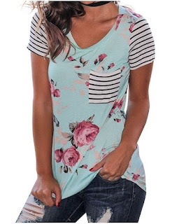 Nlife Women Summer Shirts Floral Print Blouse Splice Design Sommermode T-Shirt