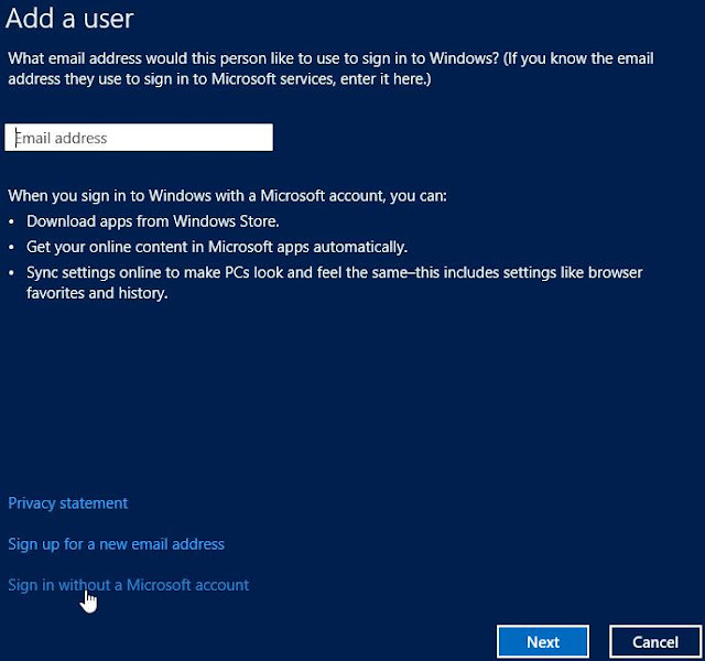 Windows 8, paramètres PC, Ajouter un utilisateur. Pour créer un nouvel utilisateur avec un compte Microsoft, entrez l'adresse e-mail. Ensuite, cliquez sur Suivant.