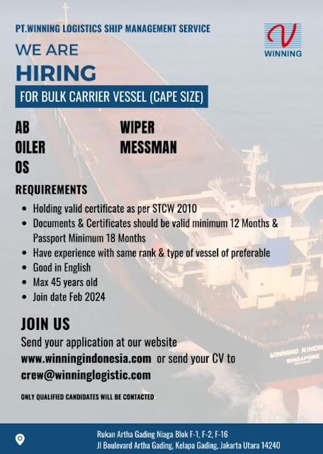 Job Pelaut Terbaru Bulk Carrier AB, Oiler, OS, Wiper, Messman 2024