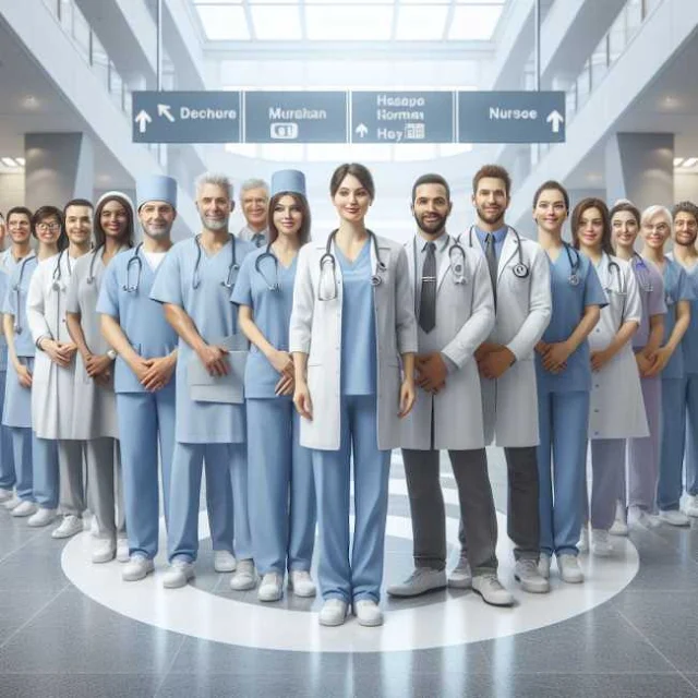 صورة واقعية لمجموعة متنوعة من العاملين في مجال الرعاية الصحية، بما في ذلك الأطباء والممرضات وغيرهم من المتخصصين الطبيين، يقفون معًا في دائرة.