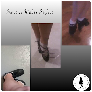 Three vertical photos of an Irish dancer's feet, the first and third in hard shoes and the center one in black ballet type slippers, arranged in staggered diagonal starting in the lower left corner to the upper right one. The background the photos are on shades diagonally from white to black starting in the upper left corner. On the lighter part, above the first two photos, in a black script font are the words Practice Makes Perfect. In the lower right corner is the Knit Dance Repeat Designs logo.