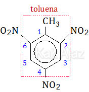 Penamaan turunan benzena untuk senyawa (2): 1-metil-2,4,6-trinitrobenzena, 2,4,6-trinitrotoluena (TNT)