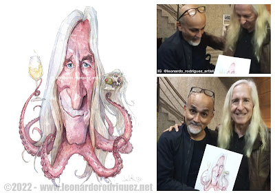 Watercolor caricature of Mick Garris as a funny octopus holding a white wine cup.  In the other picture I'm with him smiling holding the caricature.