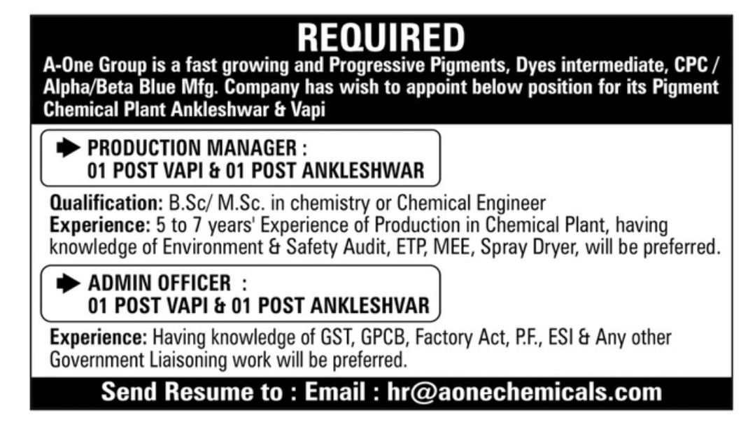 Job Availables, Aone Chemicals Job Opening For BSc/ MSc / Chemical Engineer - Production/ Admin Officer