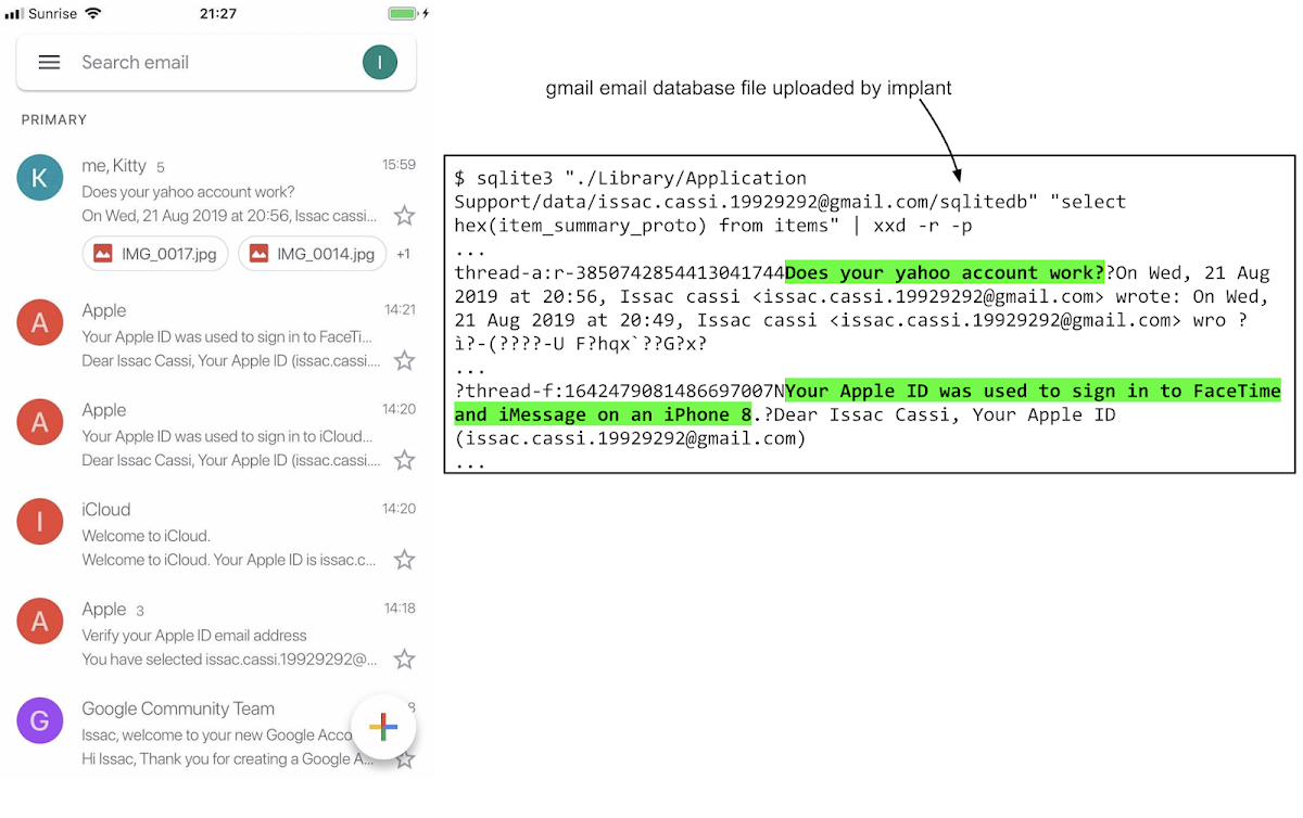 This image shows a screenshot of the gmail app on the left, where email subject lines are visible. On the right is a dump of the sqlitedb file uploaded by the implant which clearly shows that same information in the item_summary_proto fields of the items table.